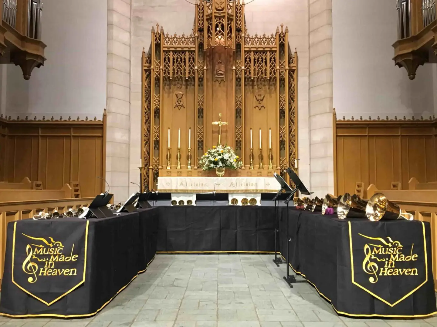 A large church with black and gold decorations.